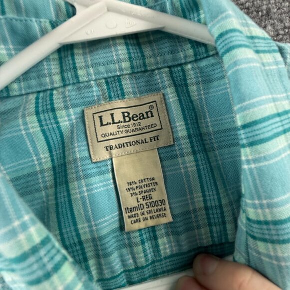 LL Bean Oxford Cloth Button Down Stretch Blue Plaid Large Cotton Blend 510030 - Picture 10 of 14
